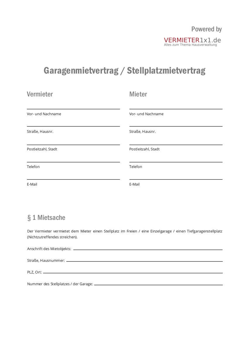 Muster-Mietvertrag für Garagen und Stellplätze