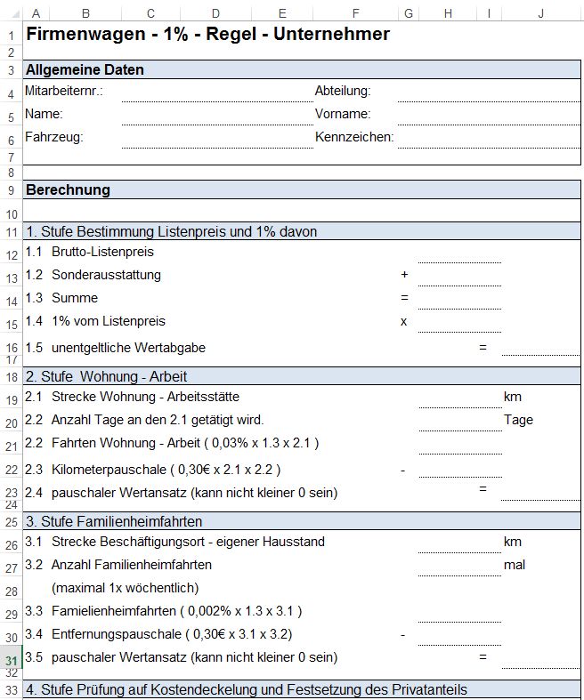 Excel-Tool: Fahrtenbuch bzw. Firmenwagen-Rechner