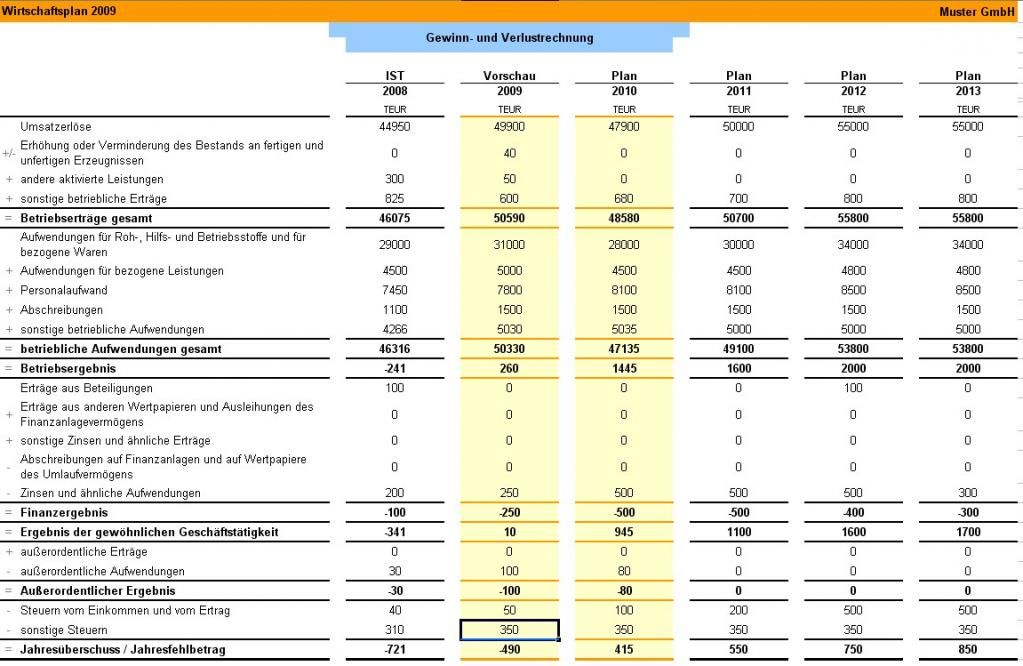 Wirtschaftsplan - Vorlage